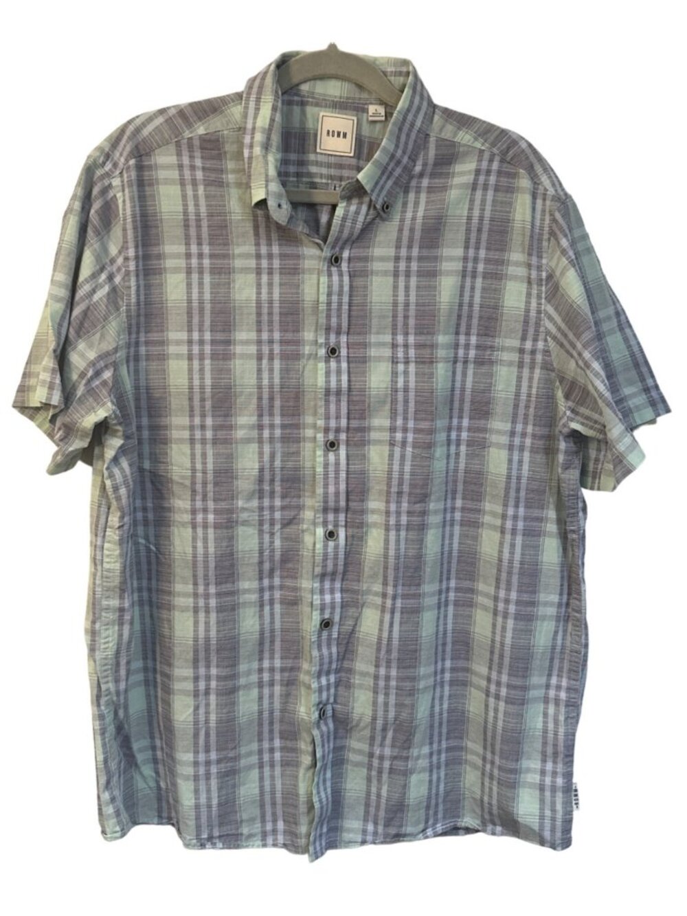 ROWM Button Down Plaid Shirt Mens L Short Sleeve Preppy Cotton Casual Muted